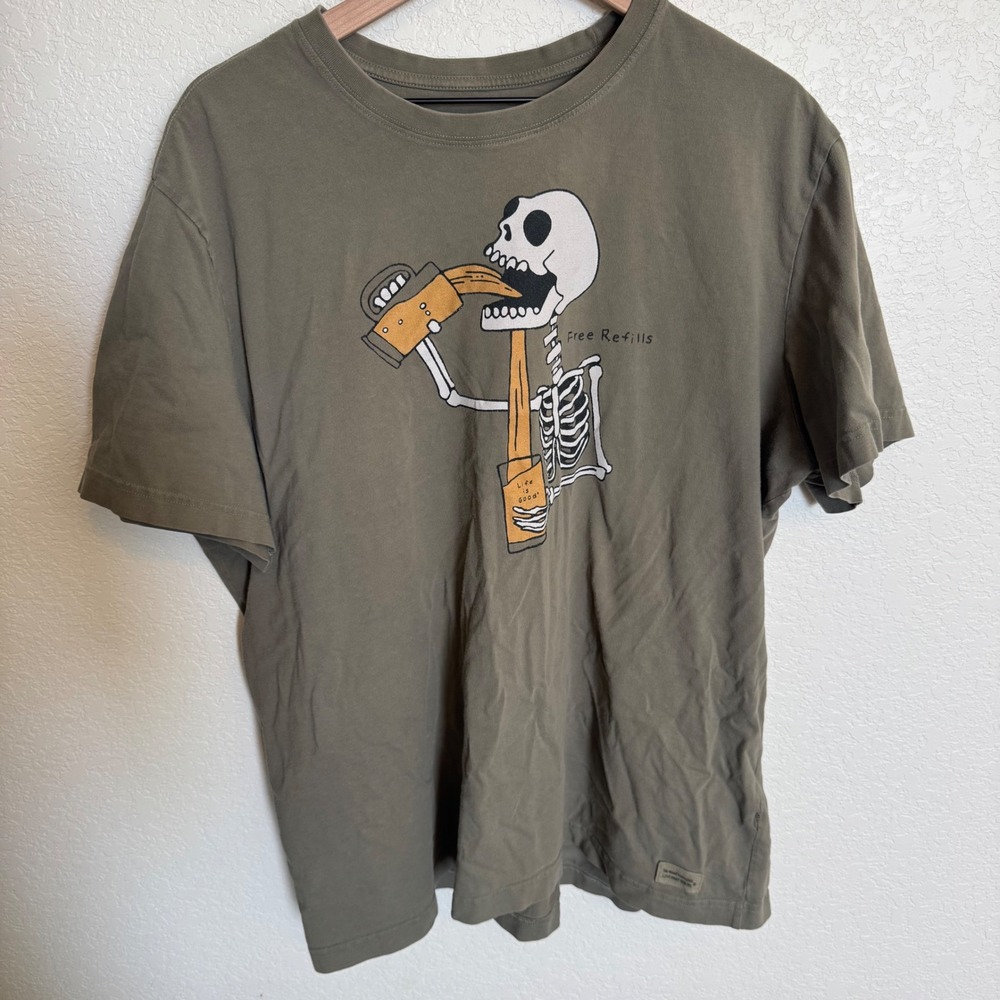 Graphic Skeleton Beer Tee Life is Good Crusher T-Shirt XXL Olive Green